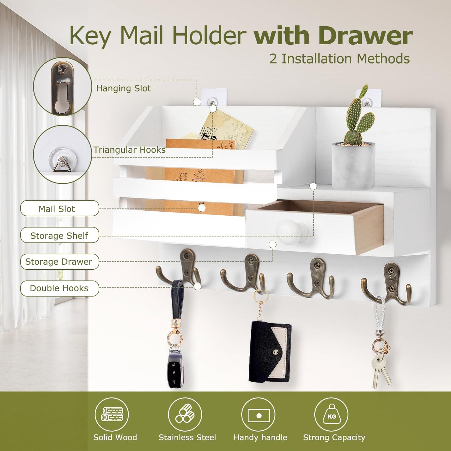 HOMEBROS Key Mail Holder for Wall, White Wooden Key Mail Organizer with Drawer Wall Mount Key Rack with Shelf Key Storage Hanger with 8 Key Hooks for Entryway Hallway 2 Installation Methods