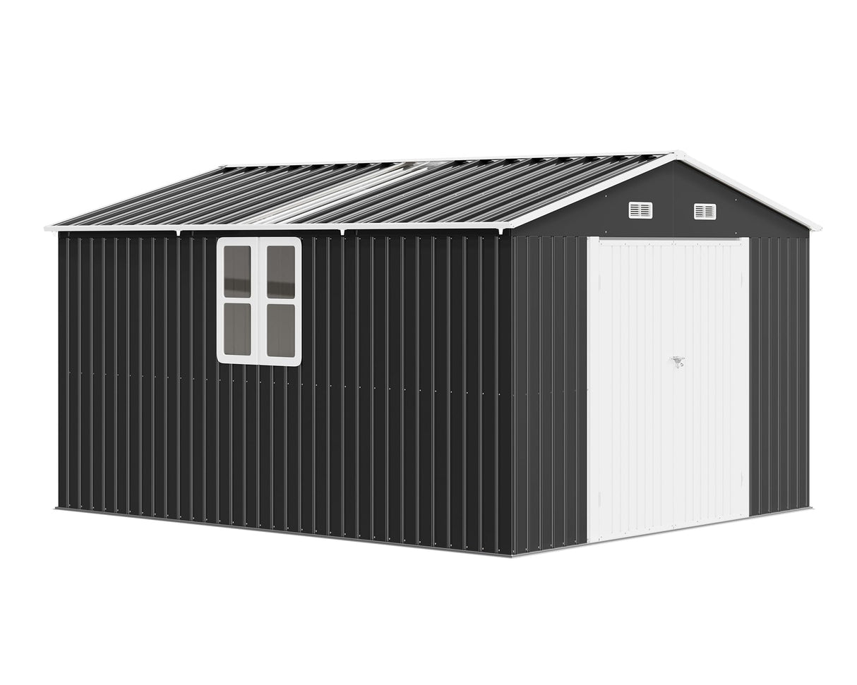 AMERLIFE 10x12x7 FT Galvanized Steel Storage Shed with 2 4-Pane Windows Hinged Double Doors, Outdoor Shed for Backyard, Garden, Patio, Dark Grey/White AMERLIFE