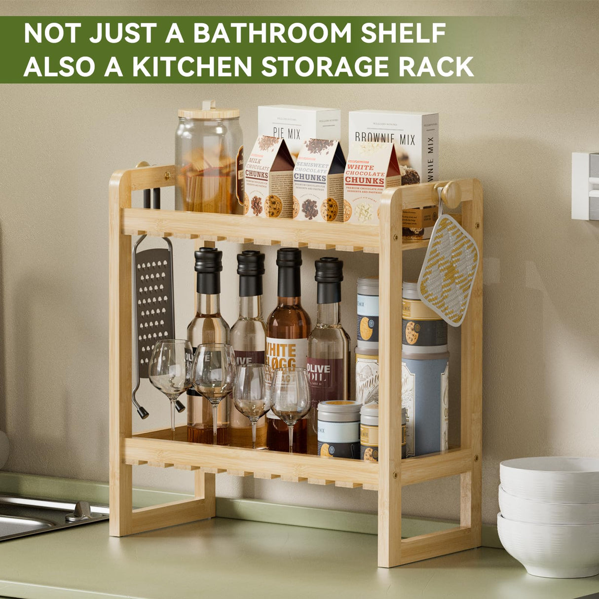 AmazerBath Bamboo Over The Toilet Storage Shelf - 2-Tier Bathroom Organizers and Storage Shelves, 2 in 1 Dual Stable Above Over Toilet Bamboo Shelf Home Storages Rack for Small Bathroom, Space Saver AmazerBath