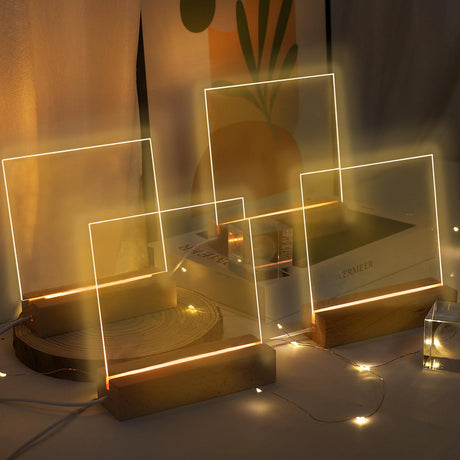 LACGO 4 PCS 6'' Wooden Light Base with Acrylic Display Boards - LED Wooden Bases with Warm White Lighted Rectangle Wood Acrylic Pedestal Stand for Home Room Bar Cafe Easter Decoration LACGO