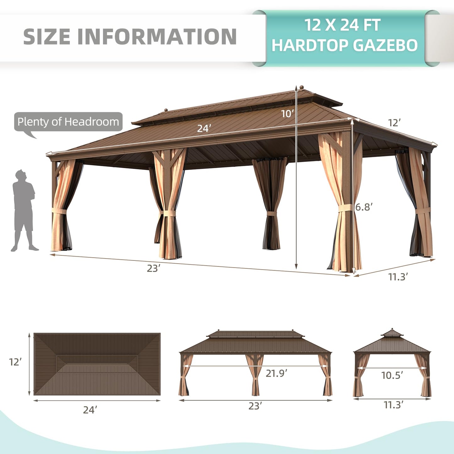 MELLCOM 12' x 24' Hardtop Gazebo,Galvanized Steel Metal Double Roof Aluminum Gazebo with Curtain and Netting,Brown Permanent Pavilion Gazebo with Aluminum Frame for Patios,Gardens,Lawns - WoodArtSupply