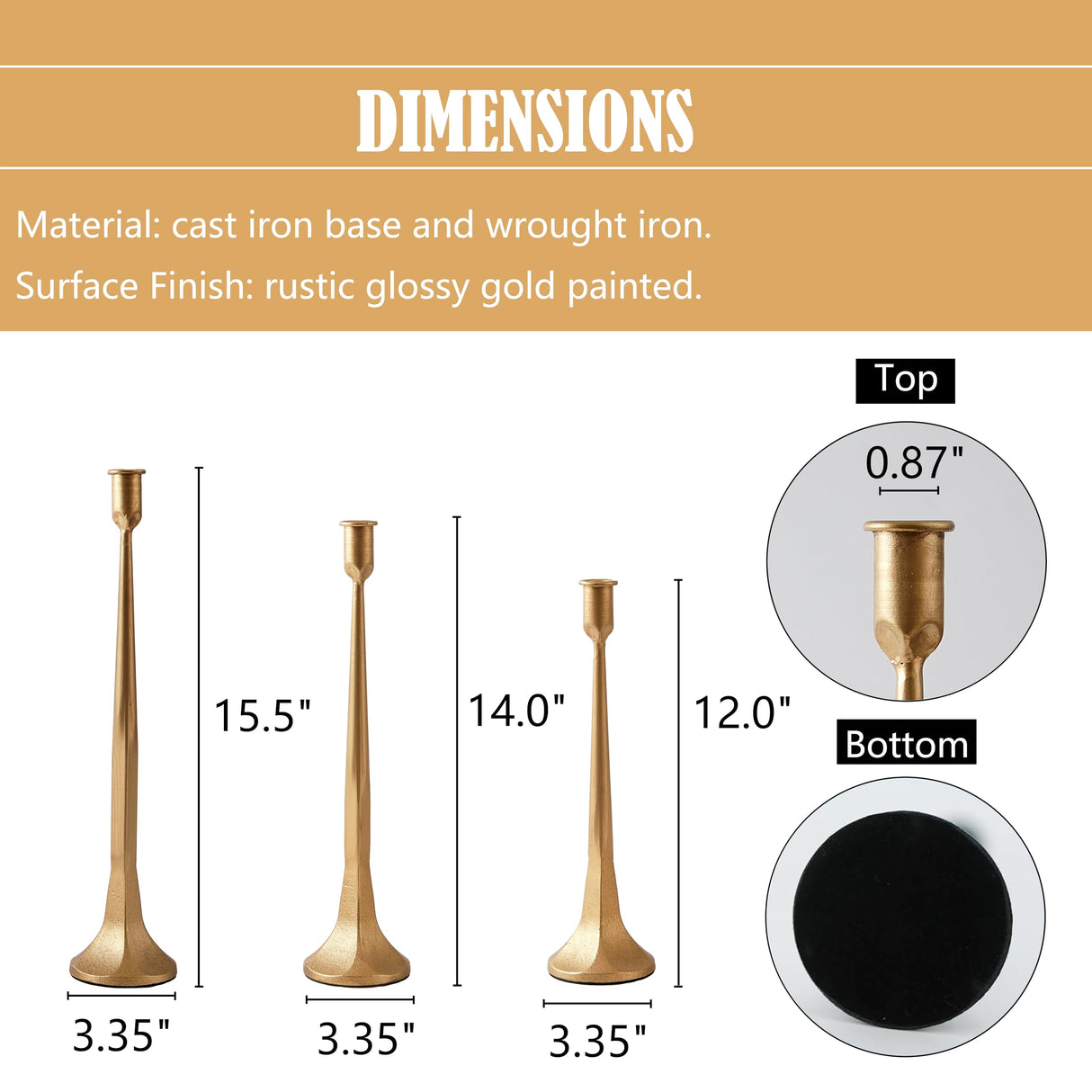 Denique Iron Taper Candle Holder Set of 3, Gold Candlestick Holders Decorative Candle Stand, Tapered Candle Holders Tall Set for Wedding, Dining Table, Home Decoration (Gold) Denique