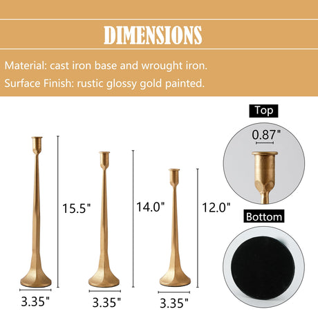 Denique Iron Taper Candle Holder Set of 3, Gold Candlestick Holders Decorative Candle Stand, Tapered Candle Holders Tall Set for Wedding, Dining Table, Home Decoration (Gold) Denique
