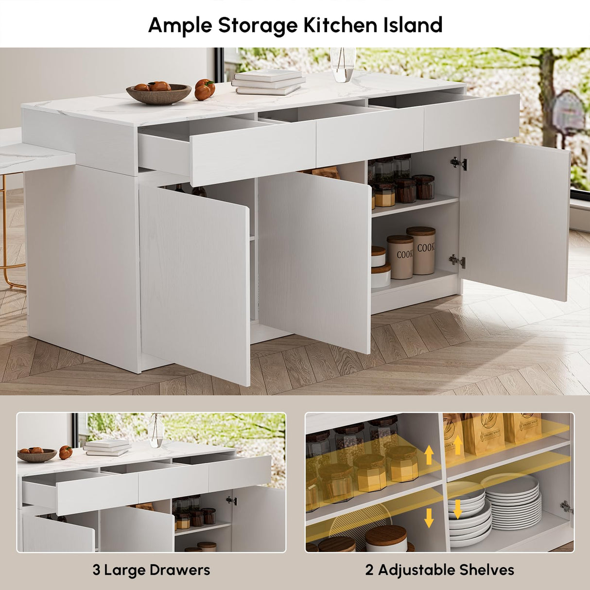 homary Kitchen Islands with Seating 81''-106" Extendable Kitchen Storage lsland with Doors&Drawers Marble Pattern Top homary