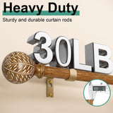 QDWIS Wood Curtain Rods for Windows 48 to 84 Inch(4-7ft),1'' Diameter Drapery Rods with Imitation Wood Grain Leaf Pattern Finials,Boho Adjustable Heavy Duty Curtain Rods Set,36-88'' QDWIS