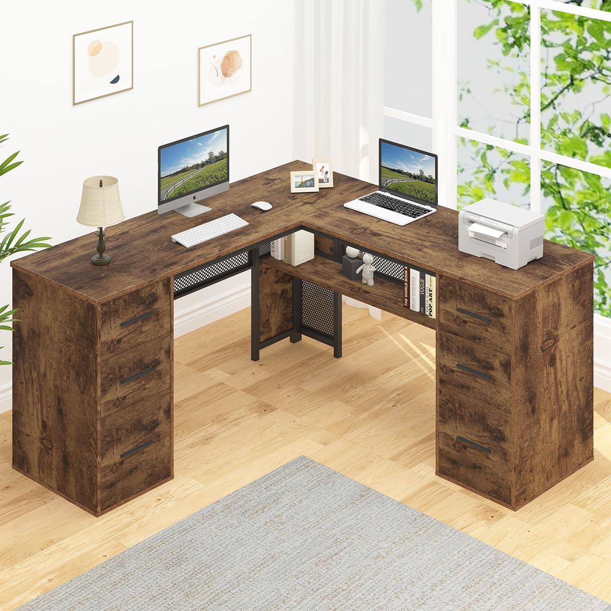 HSH L Shaped Computer Desk with File Drawers, Large Metal Wood L Shape Table with Storage Cabinet Shelves, Reversible Corner Home Office Executive Writing Study Workstation Desk, Rustic Brown, 59 Inch HSH