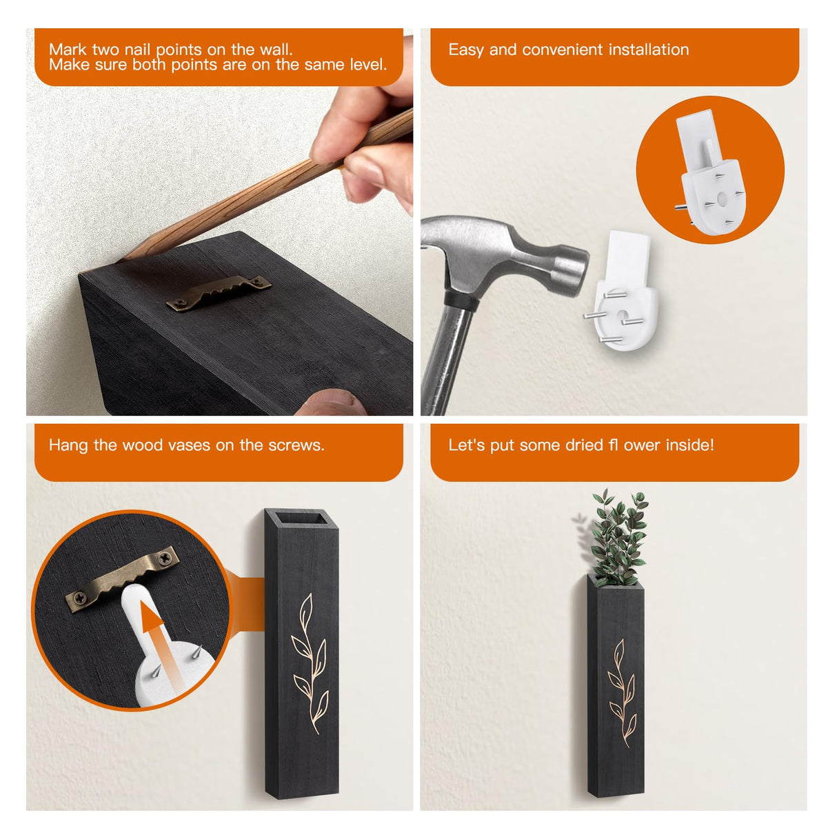 Wood Wall Planter, Farmhouse 4 Pack Indoor Pocket Wall Vases Decor for Living Room Bedroom Dried Flowers Faux Greenery Plants (Black) BOTOP