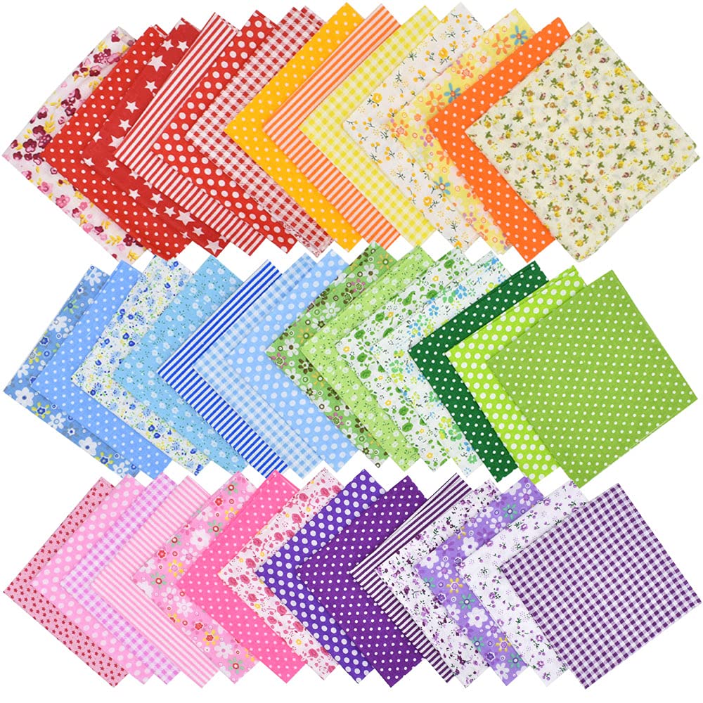 42Pcs 10"x10" Quilting Cotton Fabric Squares Sheets Pre-Cut Multi-Color Design Printed Floral Craft Fabric for DIY Sewing Scrapbooking Quilting Craft Patchwork (Red/Pink/Yellow/Green/Blue/Purple) HDST-HOME