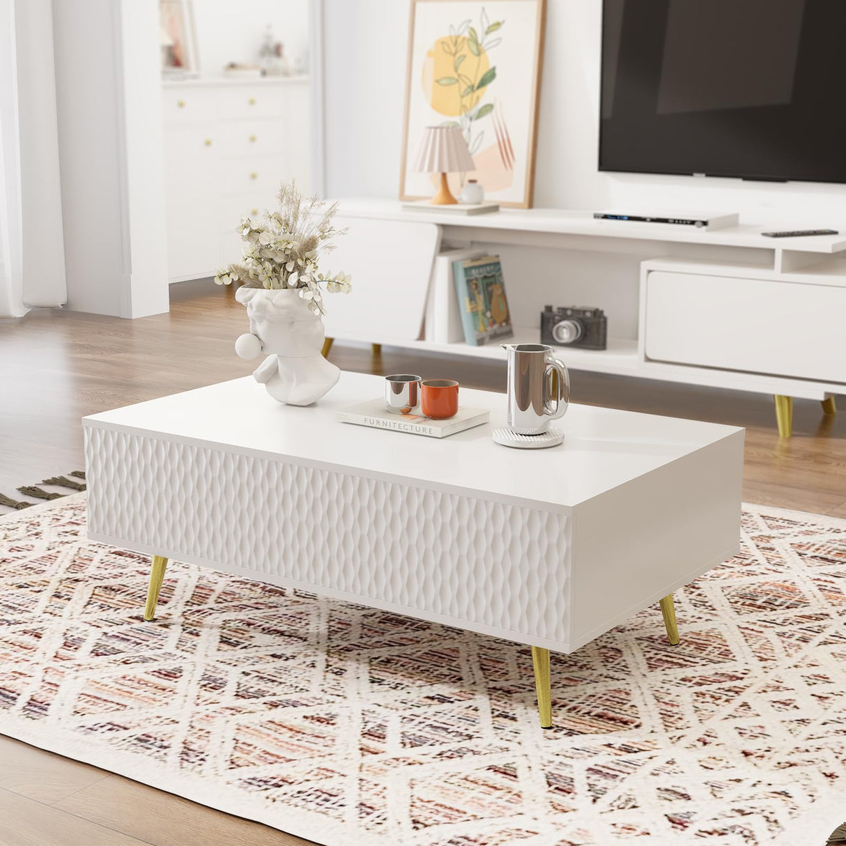 Modern Lift Top Coffee Table，39.37" White Mid Century Coffee Table with Lifting Top for Living Room, Wooden Carved Center Table with Hidden Storage Metal Legs, Fluted Panel, Adjusting to Dining Table VOXANOXI