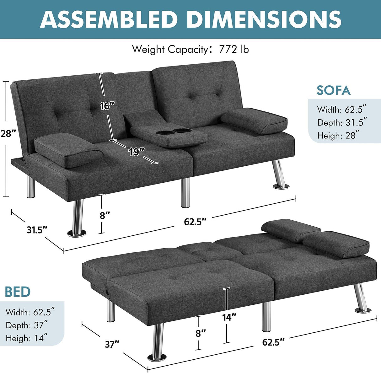 Yaheetech Convertible Sofa Bed Adjustable Fabric Couch Sleeper Modern Recliner Reversible Loveseat Folding Daybed Guest Bed, Removable Armrests, Cup Holders, 3 Angles, 772lb Capacity, Dark Gray Yaheetech