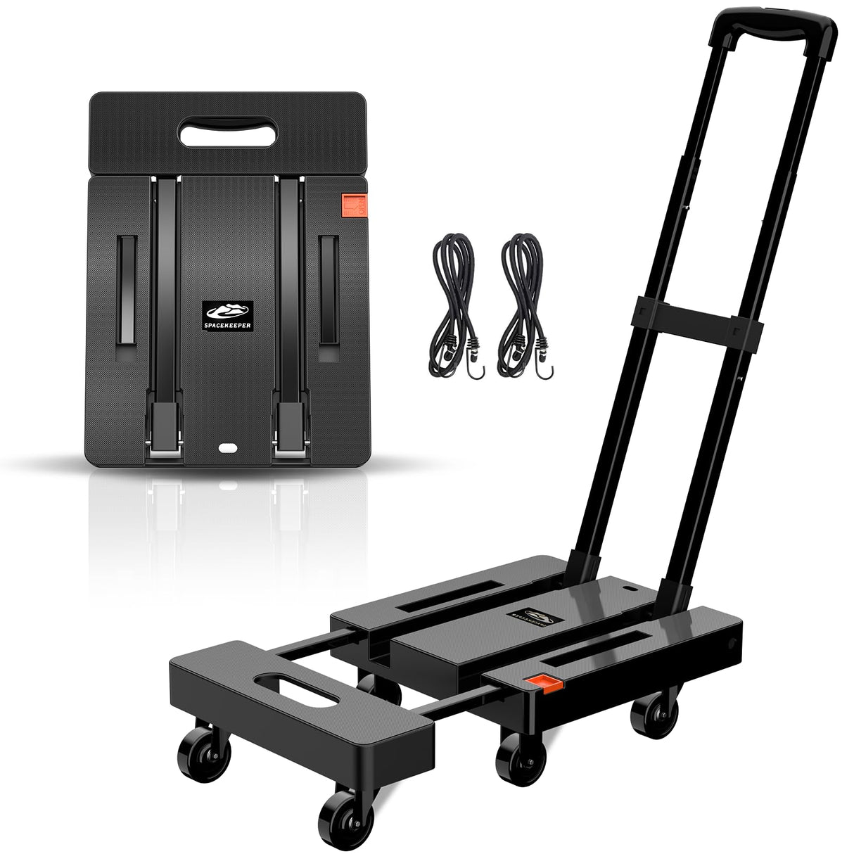 SPACEKEEPER Folding Hand Truck, 500 LB Heavy Duty Luggage Cart, Utility Dolly Platform Cart with 6 Wheels & 2 Elastic Ropes for Luggage, Travel, Moving, Shopping, Office Use, Black SPACEKEEPER