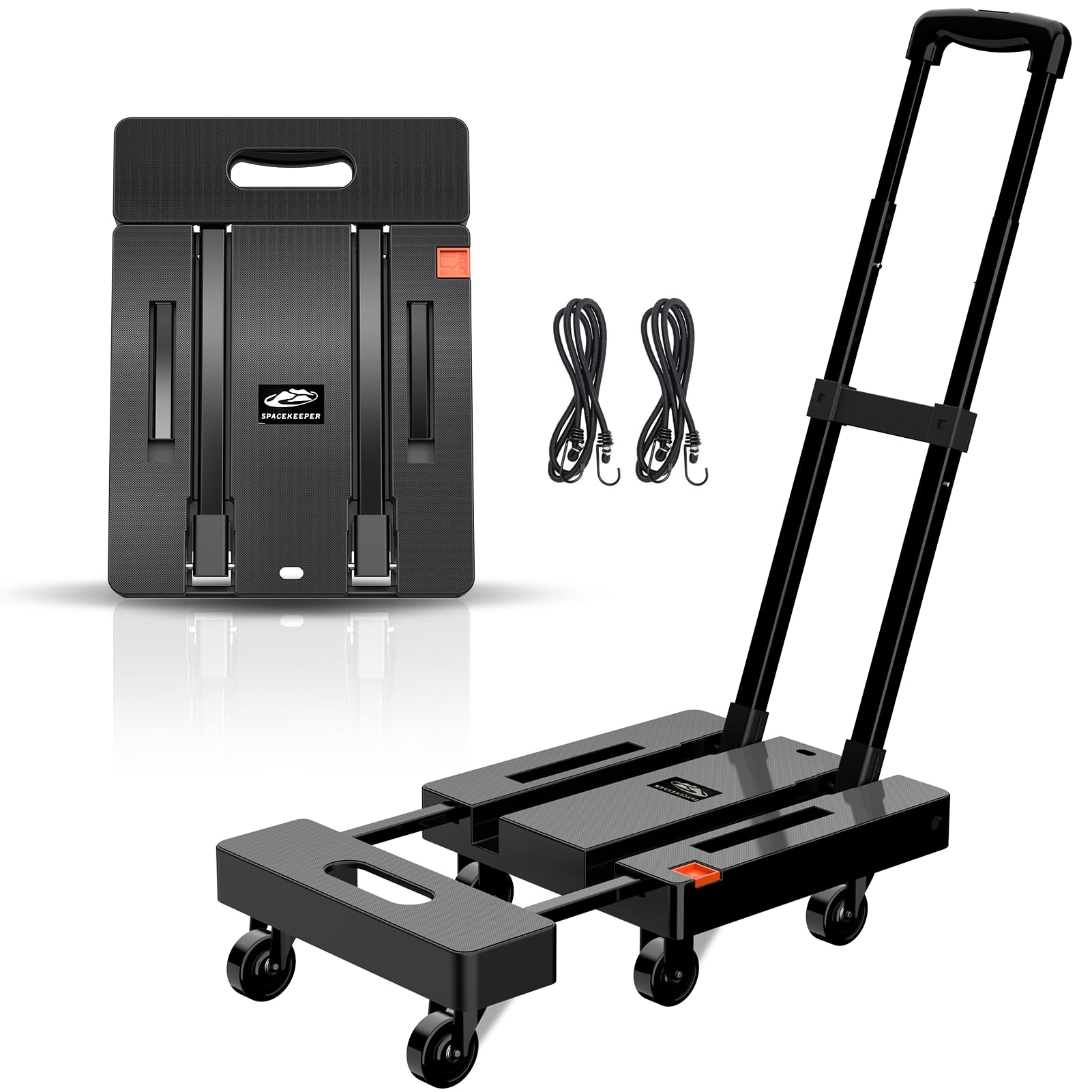 SPACEKEEPER Folding Hand Truck, 500 LB Heavy Duty Luggage Cart, Utility Dolly Platform Cart with 6 Wheels & 2 Elastic Ropes for Luggage, Travel, Moving, Shopping, Office Use, Black - WoodArtSupply