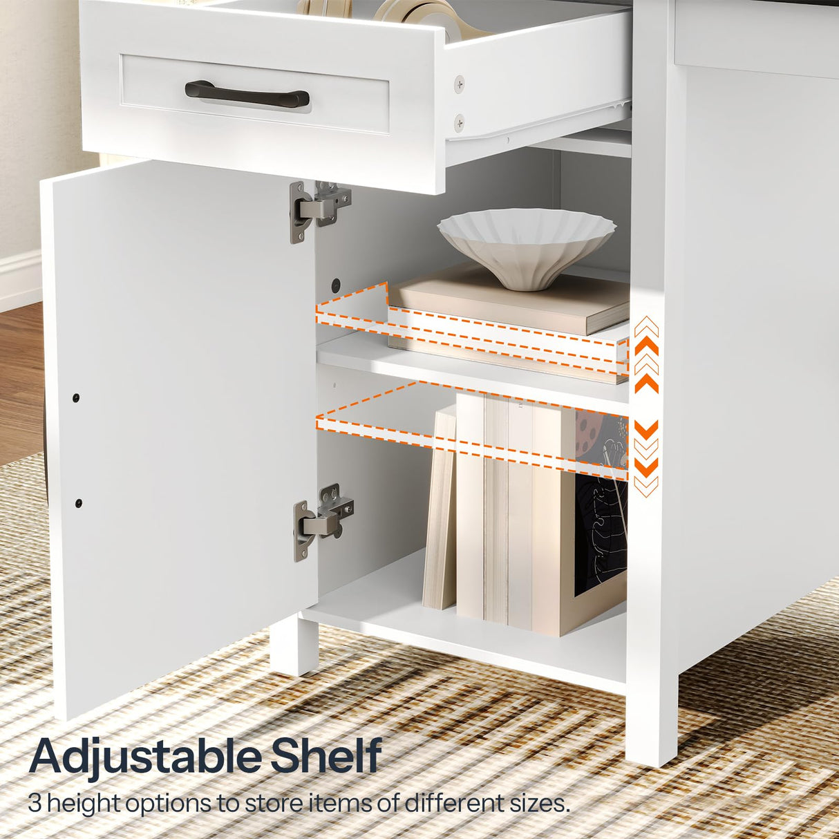 HOOBRO Farmhouse Executive Desk with Drawers, 63" Large Farmhouse Desk with Power Outlet & LED Light, Office Desk with Drawers, Computer Desk with File Cabinet, Writing Desk with Monitor Stand, White HOOBRO