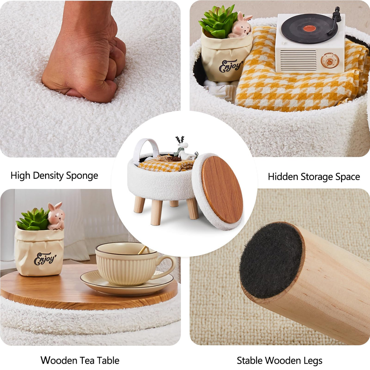 Wimarsbon Storage Ottoman, Modern Round Footrest with Soft Padded Seat, Teddy Velvet Footstool with Wood Legs, Accent Small Table or Plant Stand for Hallway, Living Room (Cream) Wimarsbon