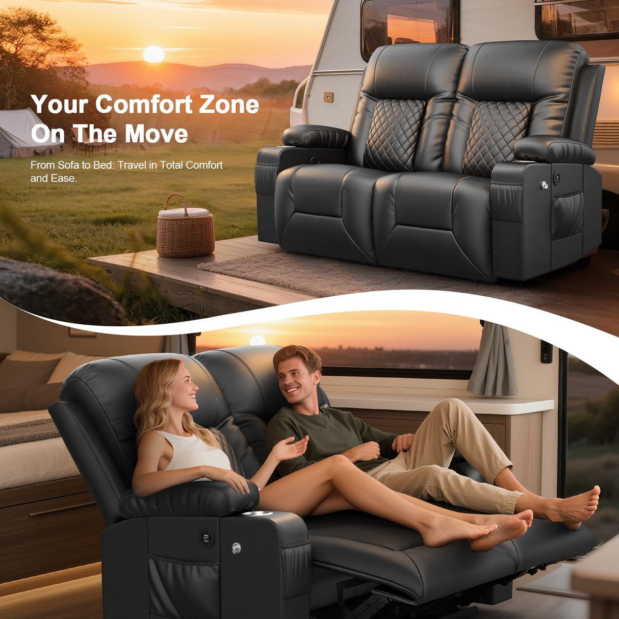 MOSGAT RV Loveseat Recliner Sofa, Reclining Loveseat Wall Hugger Recliners with USB Ports, Cup Holders, Insert Pockets, RV Recliners for Travel Trailers & Living Room, RV Furniture | RV Couch | Black MOSGAT