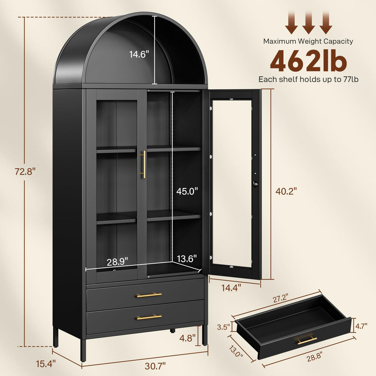 Holiwei Metal Storage Cabinet, 73" Arched Kitchen Pantry Organizer with 2 Drawers & 2 Adjustable Shelves, Freestanding Display Cabinet for Living Room Holiwei