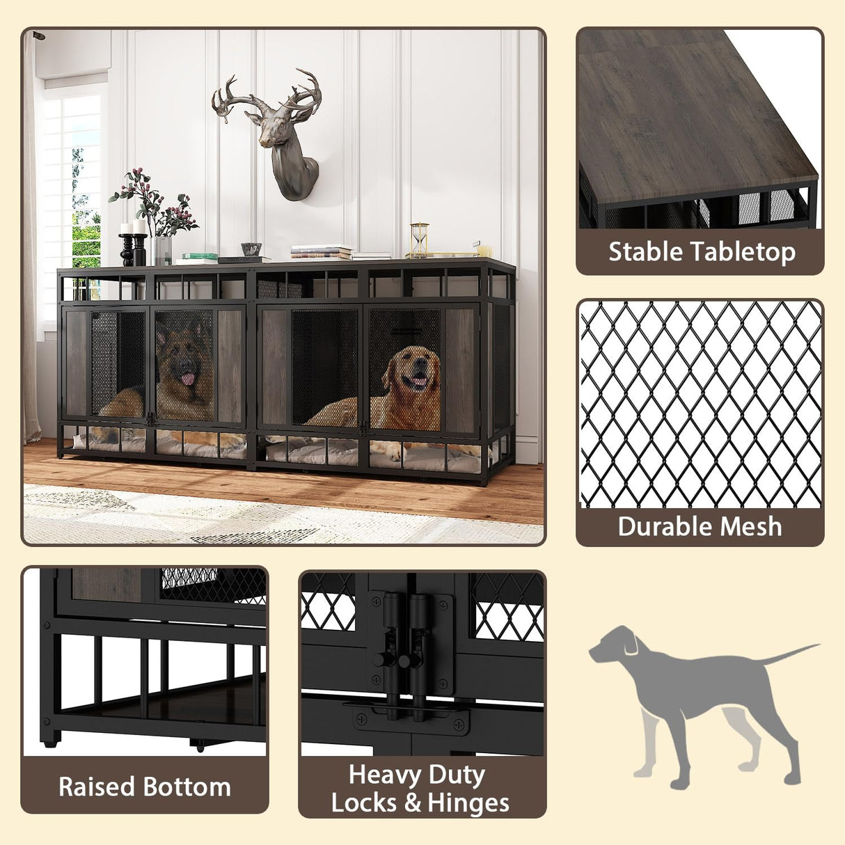 PIAOMTIEE 70.9" Large Double Dog Crate Furniture, Heavy Duty Wooden Iron Crate Kennel Furniture with Removable Divider for Small Medium Large Dogs, Rustic Brown+Black PIAOMTIEE