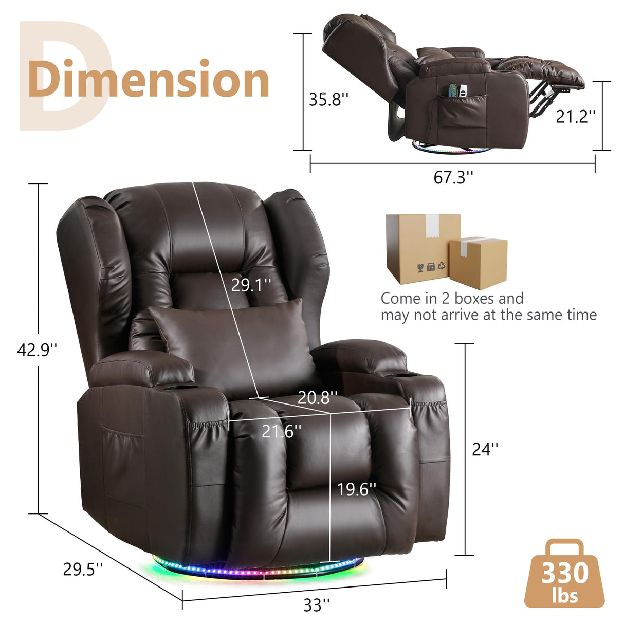 DRMBOOK Power Swivel Rocker Recliner Chairs, Electric Wall Hugger Reclining Sofa with Massage & Heat for Adults, Comfy Theater Seating Single Chair with LED Light/USB/Type-C Ports (Leather Brown) DRMBOOK