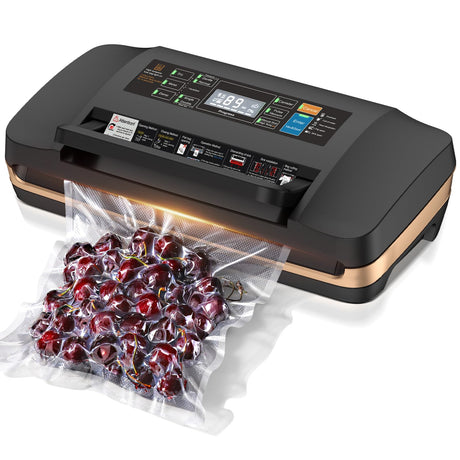 95kpa Vacuum Sealer Machine,Commercial Full Automatic Food Sealer,Powerful Sealing System with Double Heat Seal,Bags Storage, Easy-Lock Handle,Build-in Cutter,1 Bag Rolls and 10 pcs Pre-cut Bags QIQIAOB