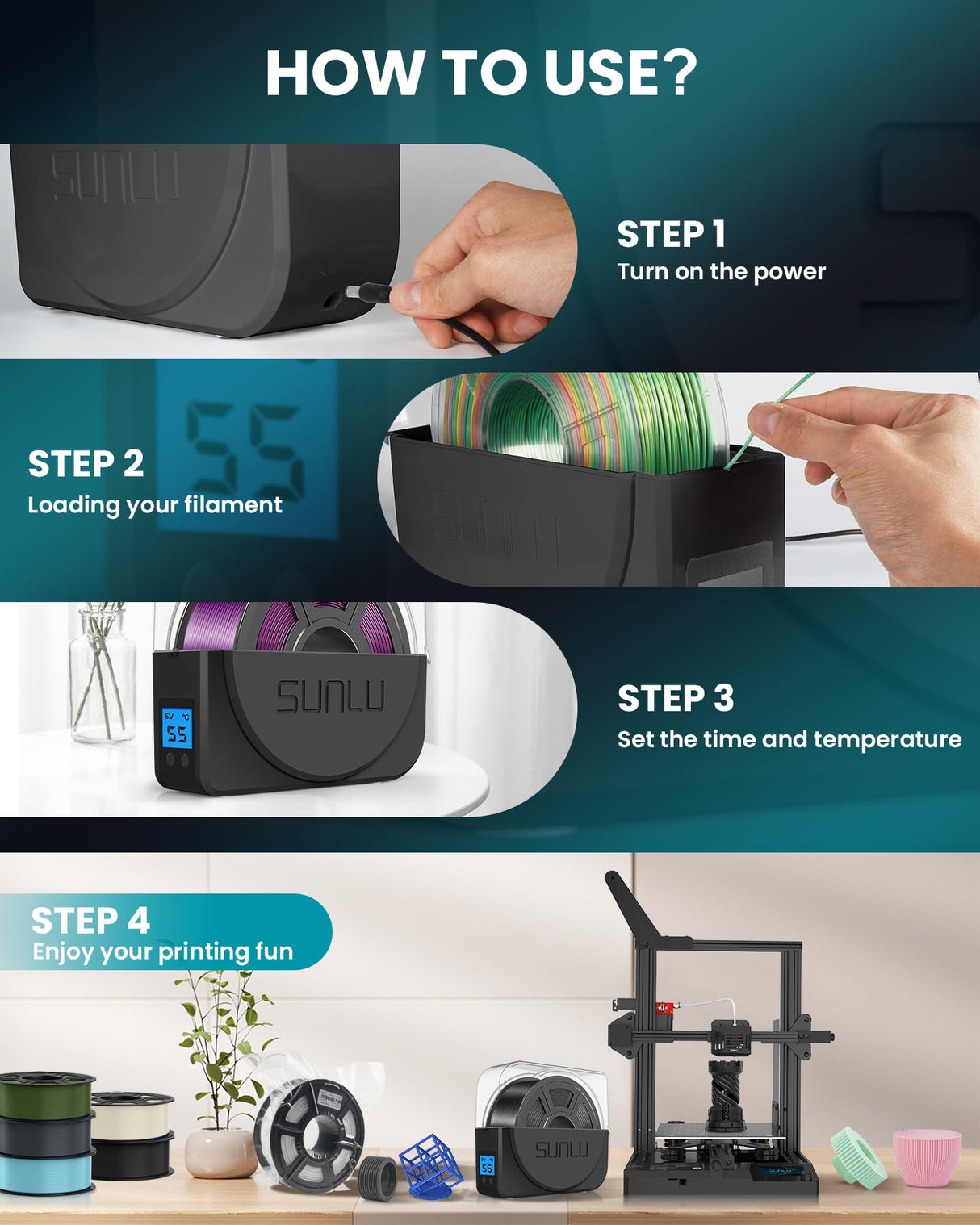 SUNLU Filament Dryer Box for 3D Printer Filament, S1 Plus Filament Dehydrator with Fan Design, Filament Storage can Keep 1.75 2.85 3.00mm PLA PETG ABS Filament Dry During 3D Printing (Black) SUNLU