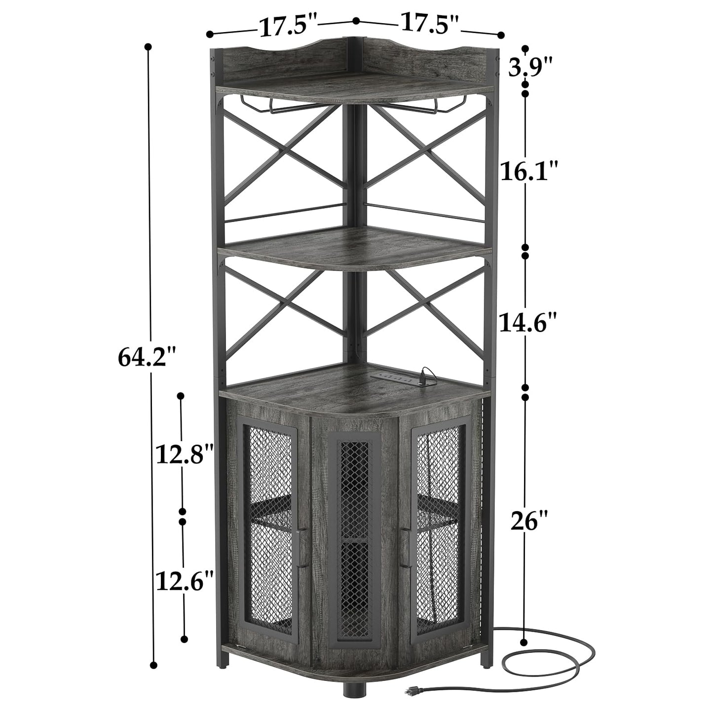 Aheaplus Corner Bar Cabinet with Power Outlet, Industrial Wine Cabinet with LED Strip and Glass Holder, 5-Tiers Liquor Cabinet Bar Unit for Home, Corner Display Cabinet for Small Space, Black