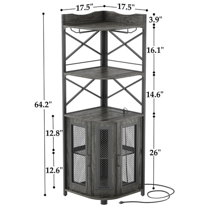 Aheaplus Corner Bar Cabinet with Power Outlet, Industrial Wine Cabinet with LED Strip and Glass Holder, 5-Tiers Liquor Cabinet Bar Unit for Home, Corner Display Cabinet for Small Space, Grey Oak