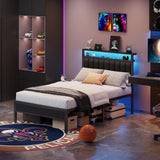 Furnulem Full Size Bed Frame with Charging Station and LED Lights, Platform Bed with Metal Slats, Grey Upholstered Headboard with 2-Tier Storage Shelves, No Box Spring Needed Furnulem