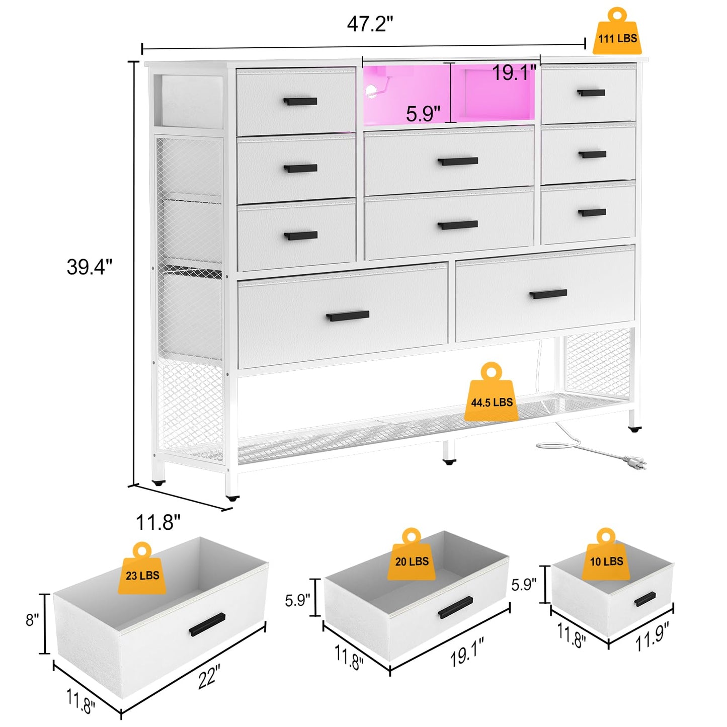 Harpaq White Dresser for Bedroom with 10 Drawers, Dresser with Charging Station, TV Stand Dresser with LED Light for 55" TV, Fabric Drawer Dresser with PU Finish, Dresser with Shelves for Clo - WoodArtSupply