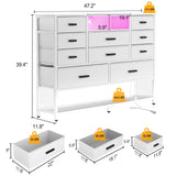 Harpaq White Dresser for Bedroom with 10 Drawers, Dresser with Charging Station, TV Stand Dresser with LED Light for 55" TV, Fabric Drawer Dresser with PU Finish, Dresser with Shelves for Closet Harpaq