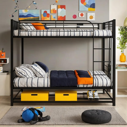 PVWIIK Queen Over Queen Bunk Bed with Shelf & Full Length Guardrail,Convertible Bunk Bedframe w/Ladder for Adults,Teens, Kids,No Box Spring Needed, Black