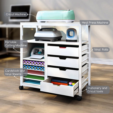 TC-HOMENY Craft Organizer Storage Cart, Rolling Cart Organizer, Vinyl Roll Holder and Cutting Machine Storage Cabinet, Craft Cart with Drawers for Craft Room 32" W x 16" D x 34" H TC-HOMENY