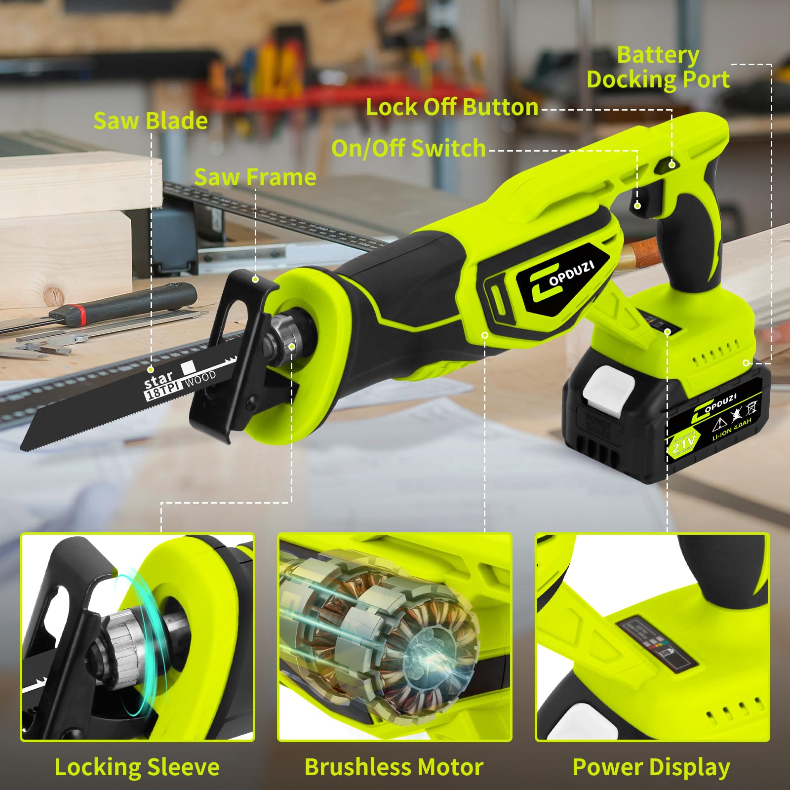 COPDUZI Cordless Reciprocating Saw,Brushless Cordless Saws With 21V 4.0Ah Battery Powered Electric, 0-3500SPM Variable Speed,12 Saw Blades Kit for Wood/Metal/PVC Cutting Included - WoodArtSupply