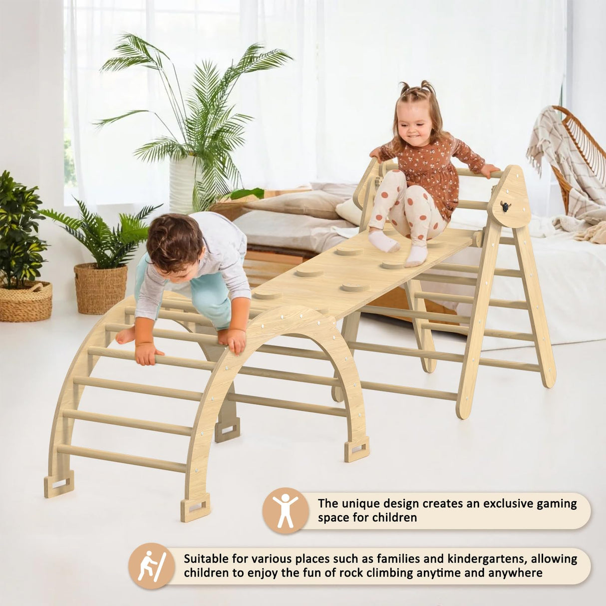 Granper Pikler Triangle Set 7-in-1, Foldable Toddler Climbing Toys Indoor, Wooden Montessori Climbing Set with Arch/Ramp/Ladder, Baby Climber Jungle Gyms for Toddlers and Kids (Burlywood) Granper