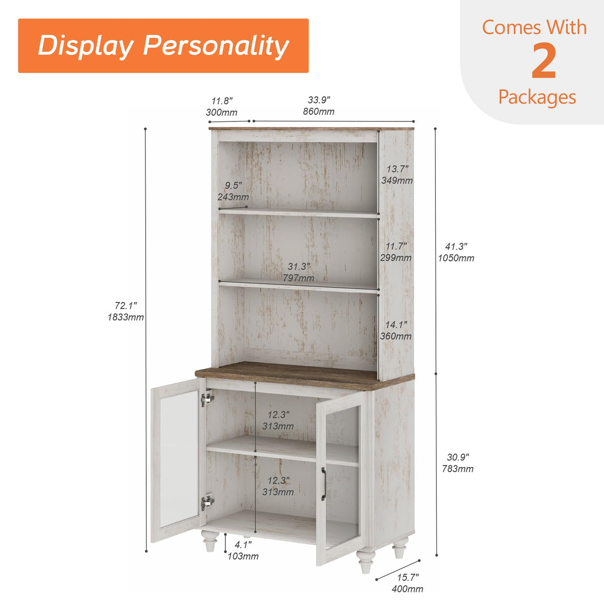 WAMPAT 5 Tier Bookshelf 72" Tall Bookcase with Glass Doors,Large Farmhouse Display Book Shelf with Adjustable Shelves and Storage Cabinet,Library Wood Bookshelves for Living Room,Kitchen, Rustic White WAMPAT