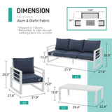 Patiorama Aluminum Patio Furniture Set, 4 PCS Modern Patio Conversation Set, All Weather White Outdoor Sectional Sofa Set w/Table, 3-Seater Sofa, Superior Olefin Cushion, Garden-Blue Cushion Patiorama