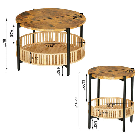 Lamerge 3 Pieces Coffee Table Set for Living Room, Boho Living Room Table Set with Rattan Storage Shelf and Metal Frame, Round Coffee Table & 2 End Side Tables for Apartment Home Office Lamerge