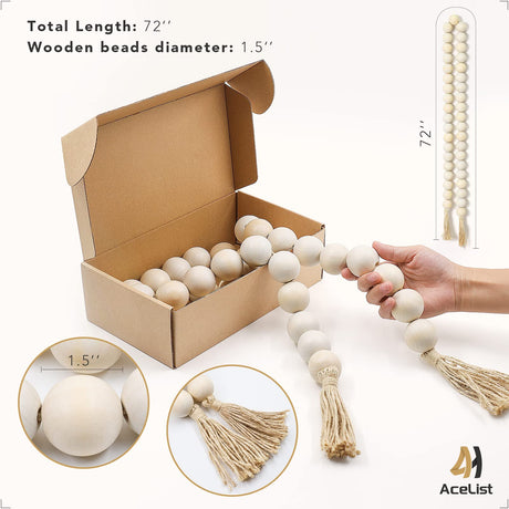 AceList 72in Large Wood Bead Garland Decorative Beads with Tassels, Long Wooden Beads Garland, Coffee Table Decor, Perfect Boho Farmhouse Bookshelf Mantel Tray Centerpiece Ornament (1.5" Diameter) AceList