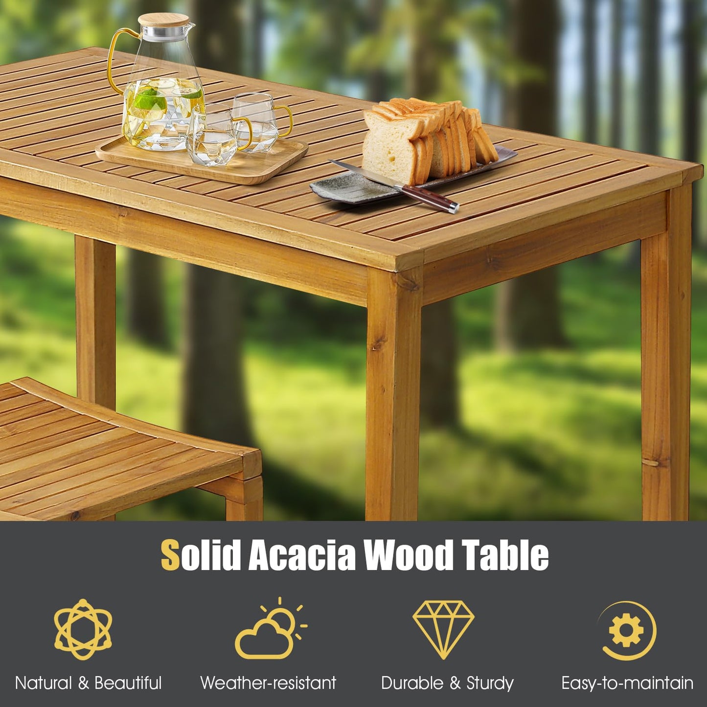 Tangkula 5-Piece Outdoor Acacia Wood Bar Set with High Top Table and Saddle Seat Stools