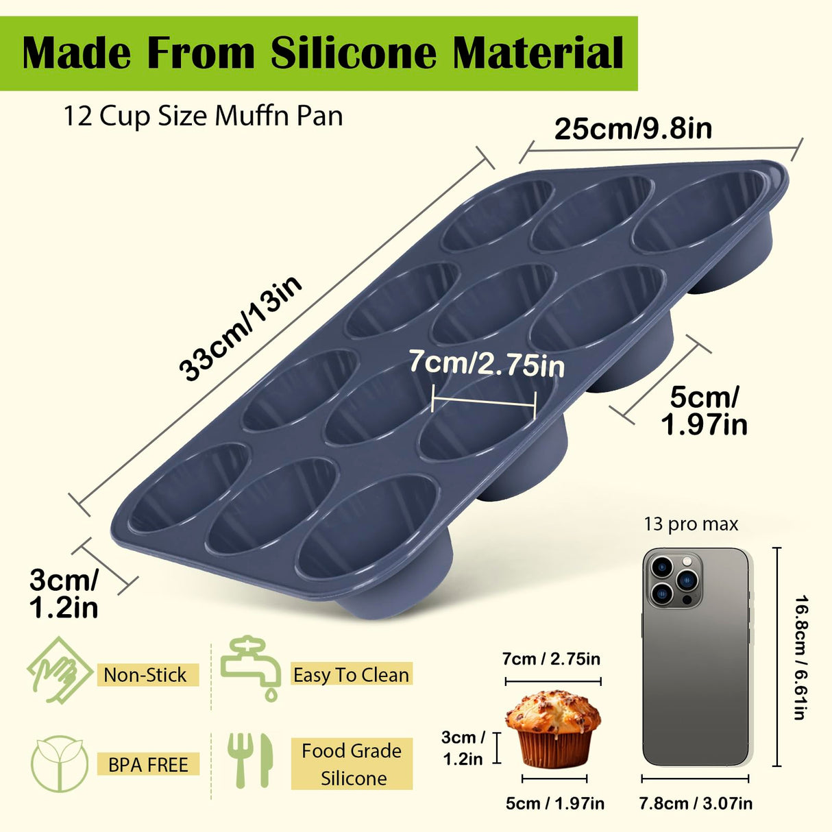Vnray 2 Pack Silicone Muffin Baking Pan & Cupcake Tray 12 Cup - Nonstick Cake Molds/Tin, Silicon Bakeware, BPA Free, Dishwasher & Microwave Safe (12 Cup Size, Grey) Vnray