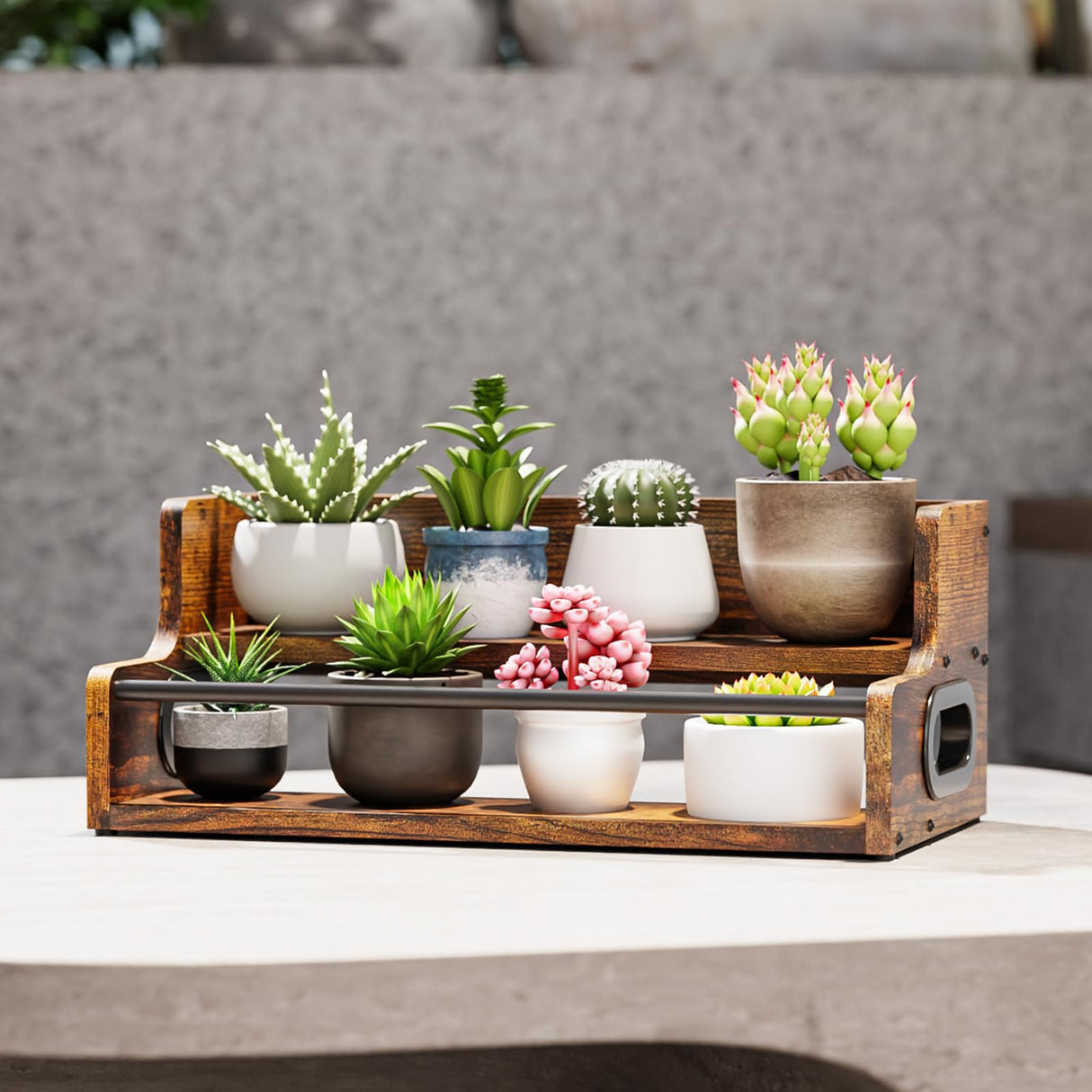 KLM Liquor Bottle Display Shelf, Coffee Syrup Rack Organizer, 2 Step Countertop Liquor Wine Rack, mini bar,Liquor Cabinet, Home Retro Bar Shelf Stand for Liquor Whiskey, Spirits, Brown KLM