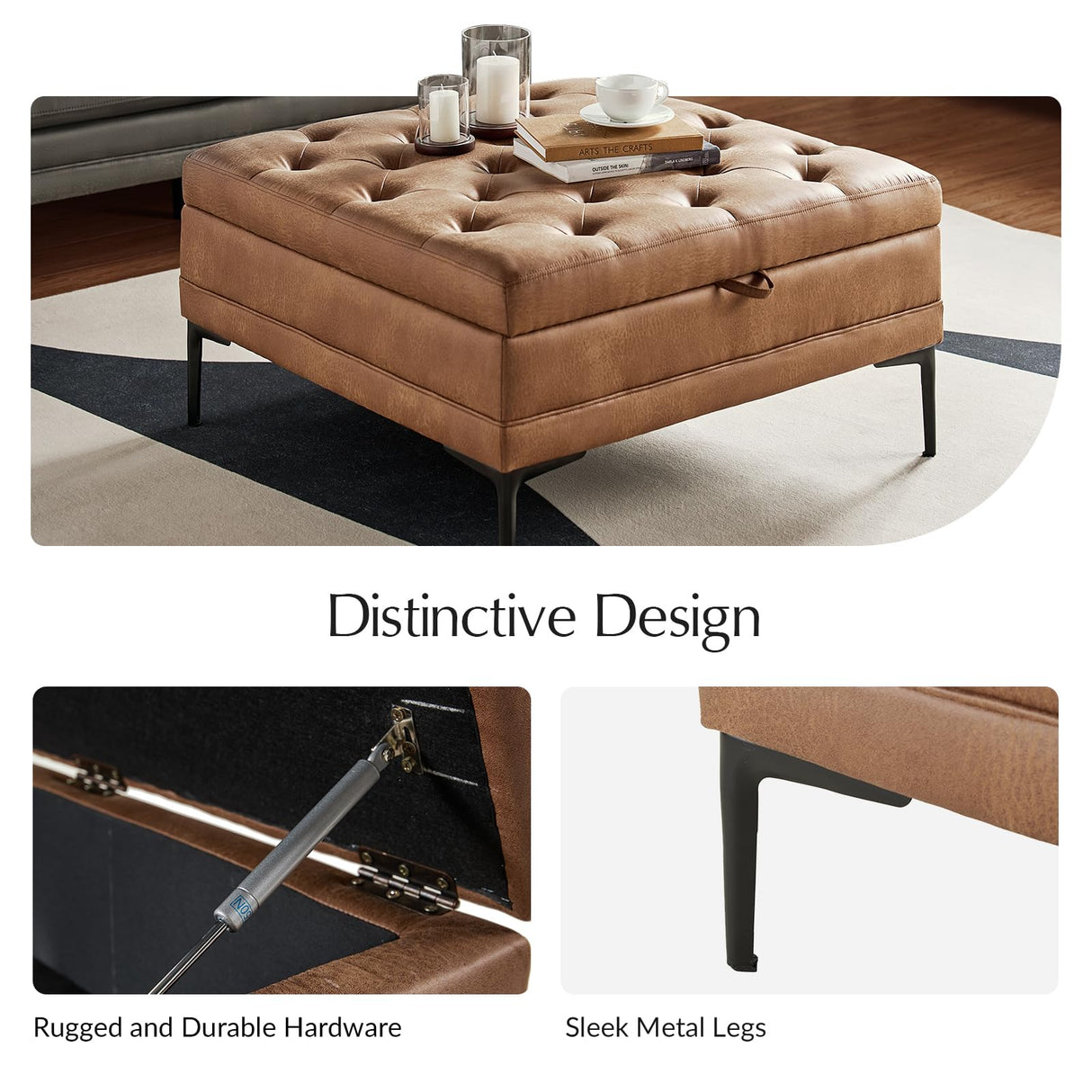 HULALA HOME Faux Leather Coffee Table, 36.5" Square Storage Ottoman with Metal Legs, Button-Tufted Coffee Table with Storage for Living Room, Camel HULALA HOME