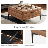 HULALA HOME Faux Leather Coffee Table, 36.5" Square Storage Ottoman with Metal Legs, Button-Tufted Coffee Table with Storage for Living Room, Camel HULALA HOME