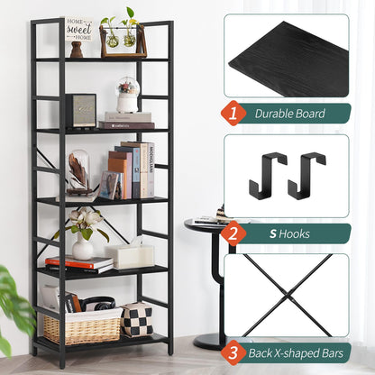 Yoobure 5 Tier Bookshelf - Tall Book Shelf Modern Bookcase for CDs/Movies/Books, Rustic Book Case Industrial Bookshelves Book Storage Organizer for Bedroom Home Office Living Room Black