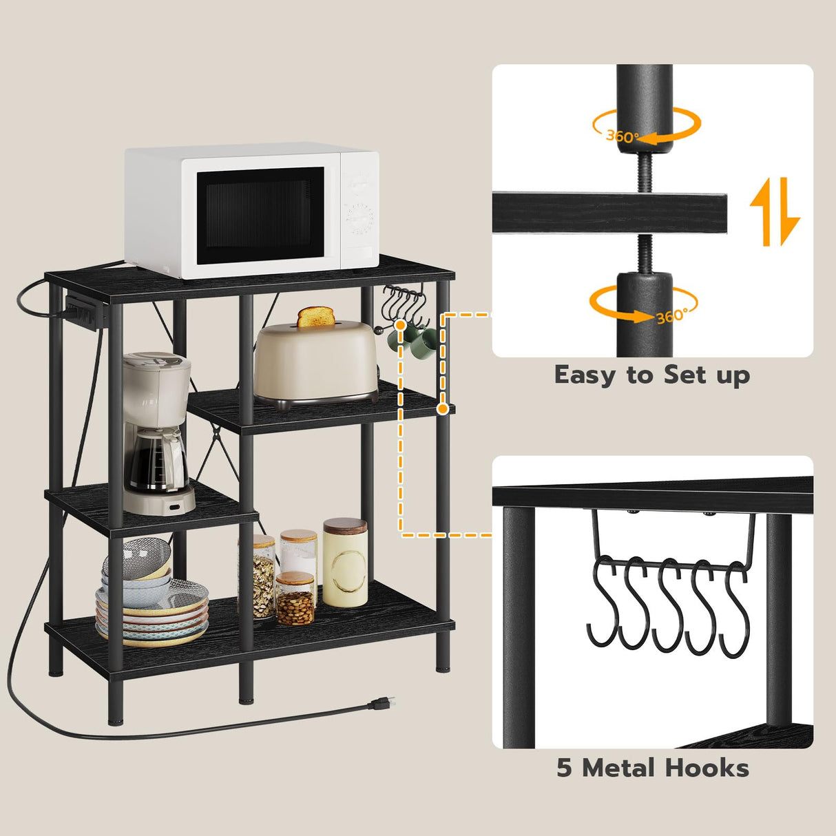 HOOBRO Bakers Rack with Power Outlet, Microwave Stand with 5 S-Shaped Hooks, Coffee Bar, Kitchen Storage Shelf, for Kitchen, Living Room, Black BB07UHB01 HOOBRO