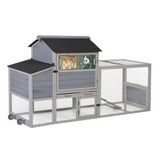 COZIWOW 82" Large Wooden Chicken Coop, Outdoor Rabbit Hutch with Wheels, Sunshine Board, Asphalt Roof, Ramp, Openable Top, Door, Window, Pull-Out Tray, Indoor Bunny Cage (Gray with Pattern) COZIWOW