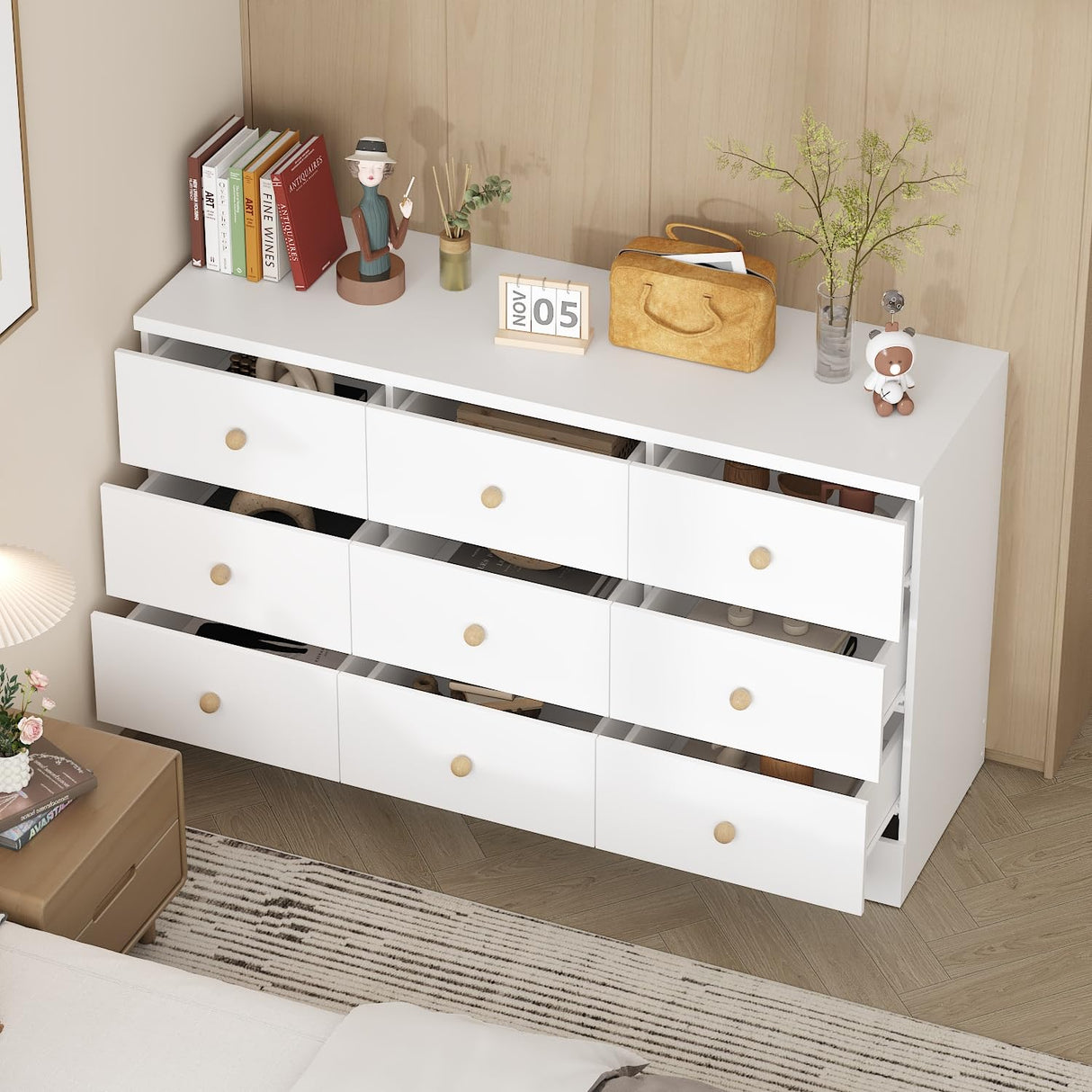WOODTIME White 9 Drawer Dresser for Bedroom, 47.2“L Wooden Double Dresser, Modern Chest of Drawers Storage Organizer Dresser for Entryway Hallway WOODTIME