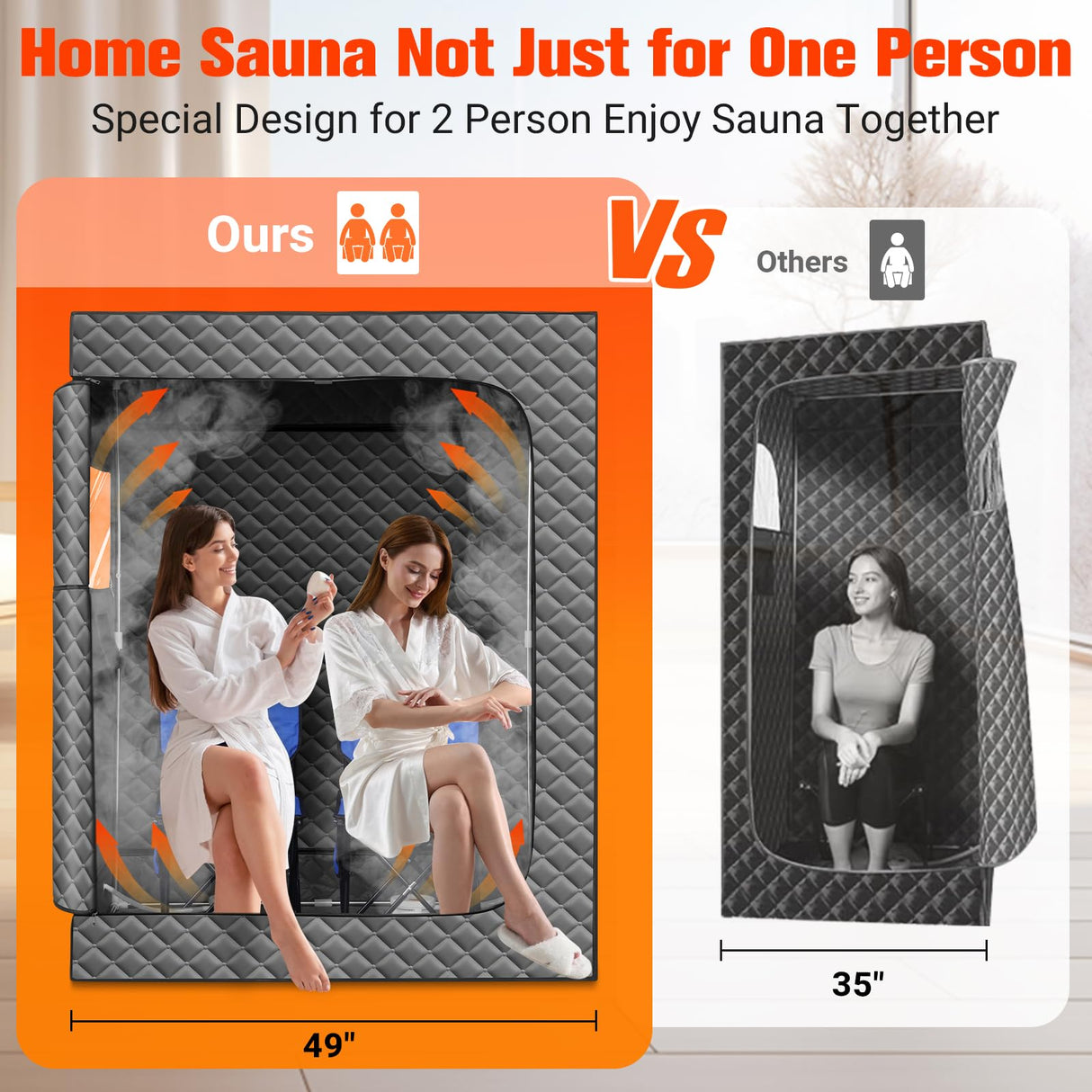 IvyBess 2 Person Sauna for Home, 1 or 2 Person Portable Steam Sauna with 2 1000W Sauna Steamers, 2 Floding Chairs, 9 Levels Adjustable, 99 Minutes Timer, Steamer Included (Grey) IvyBess