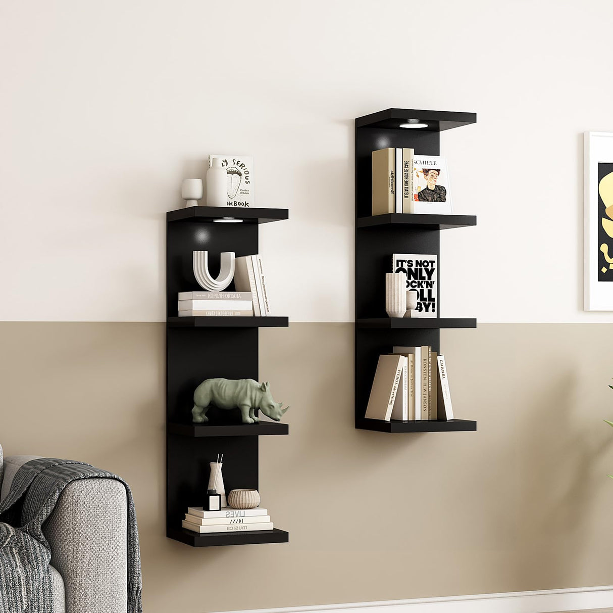 LitaEther Versatile 4 Tier Wall Shelf Unit,Black Lack Wall Shelf,Display Floating Shelf with LED Remote Control Light LitaEther
