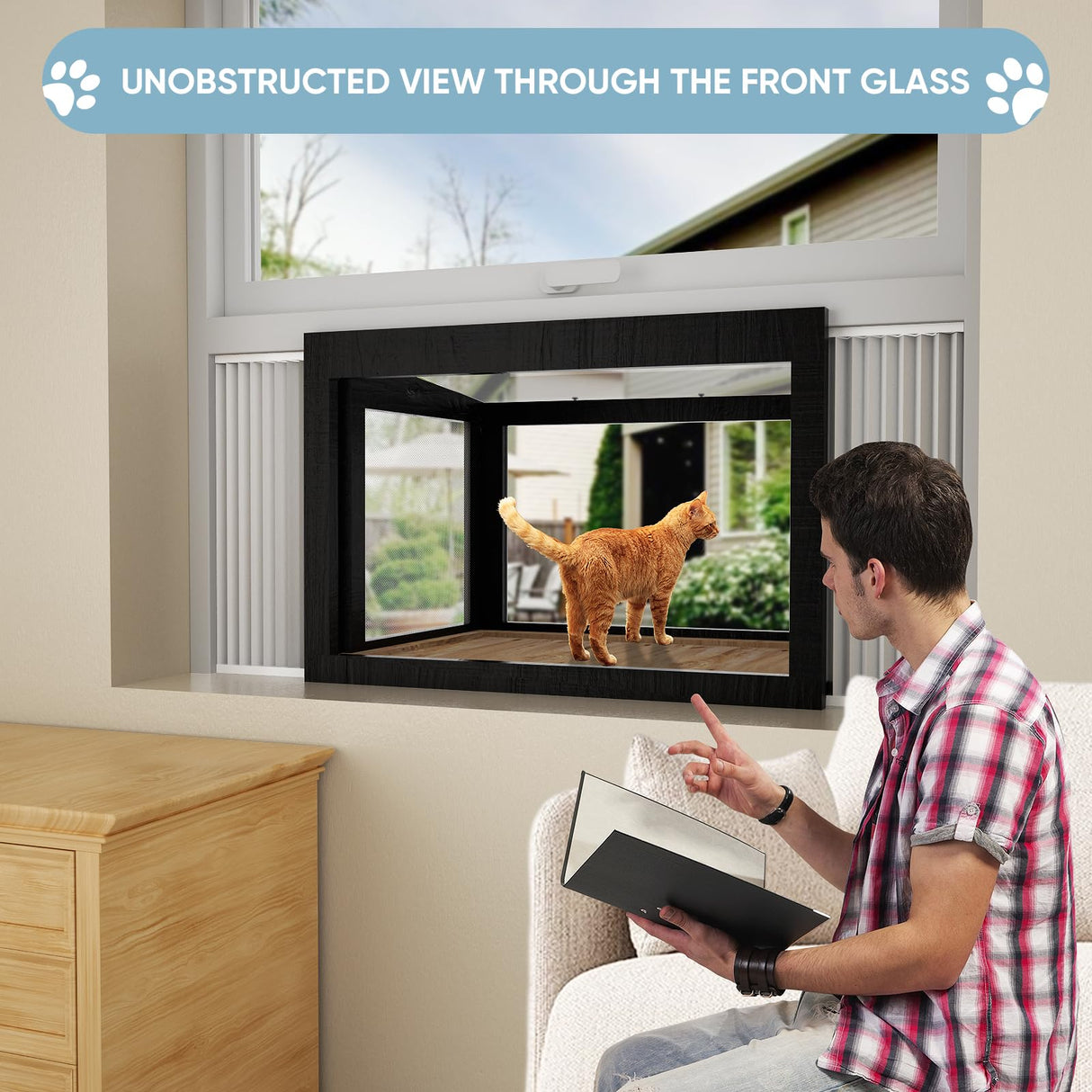 FunXplore Cat Window Box Catio Outdoor Cat Enclosure Cat Window Perch with Side Bug-Proof Wire Grid Fits Double Hung Frames 25.4" to 43.3" Wide, Sunbathing Napping Overlooking FunXplore