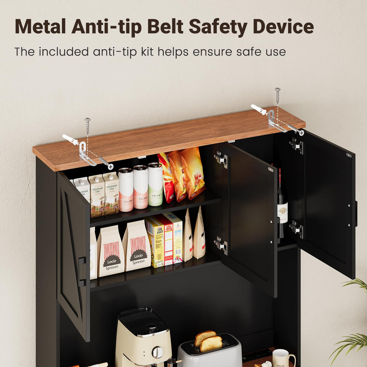 ELYKEN 71" Pantry Cabinet with Charging Station & LED Lights, Tall Kitchen Pantry with Hutch, Microwave Stand, Farmhouse Pantry with Door Shelf & Drawer & Adjustable Shelf for Dining Room, Black ELYKEN